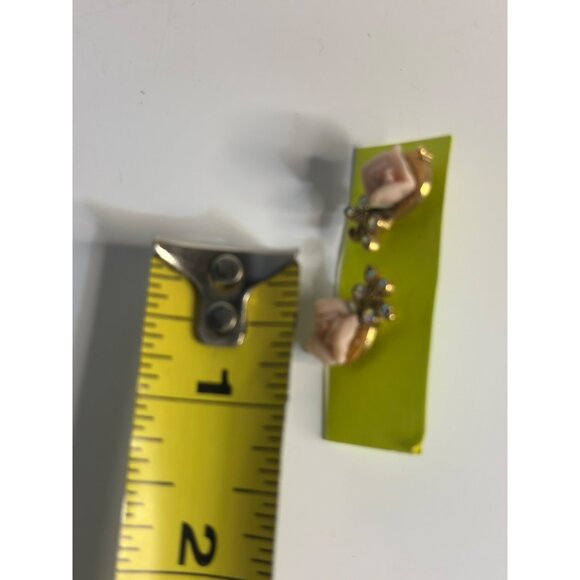 Vintage Pink Porcelain Rose & Rhinestone Drop Earrings – Gold Tone, Set of 2, 1" - Picture 4 of 4